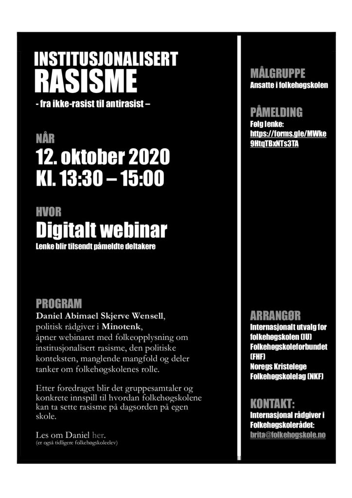 thumbnail of Invitasjon til webinar om institusjonalisert rasisme 12.10.20 – for ansatte i folkehøgskolen_